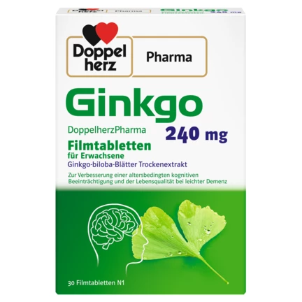 Abbildung der Produktverpackung DoppelherzPharma Ginkgo DoppelherzPharma 240 mg Filmtabletten Frontansicht